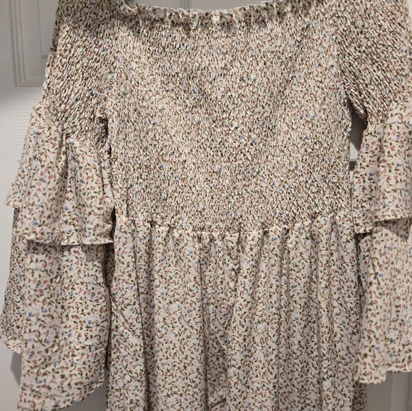 Shein Off the Shoulder, Smocked, Tiny Floral Bell Sleeve mini Flare Dress, 0XL - Picture 4 of 6